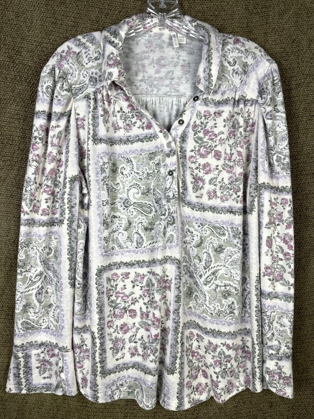 Cato Top Womens 18W 20W Purple Floral Paisley Henley Lightweight Soft Pleated